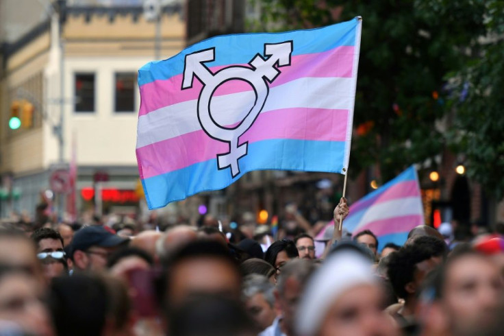 A transgender pride flag during a rally in New York