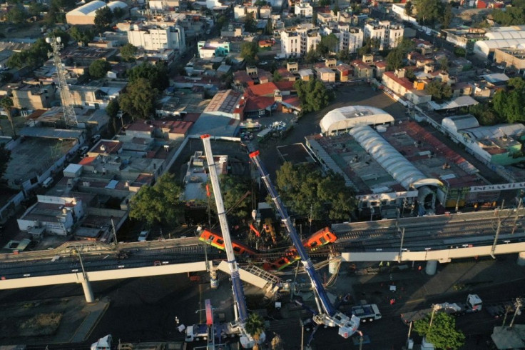 An aerial view shows the site of a metro train accident after an overpass partially collapsed in Mexico City on May 4, 2021
