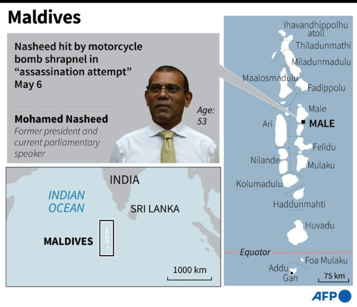 Map locating Male in the Maldives where former president Mohamed Nasheed was injured in an 'assassination attempt'