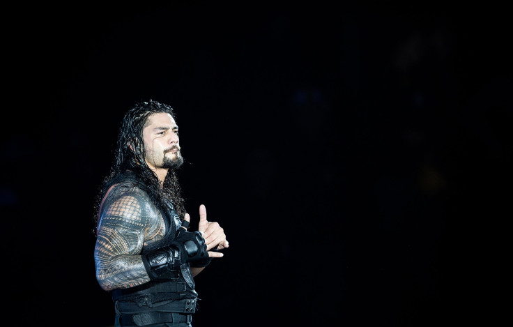 Roman Reigns reacts during to the WWE Live Duesseldorf event at ISS Dome in Duesseldorf, Germany, Feb. 22, 2017.