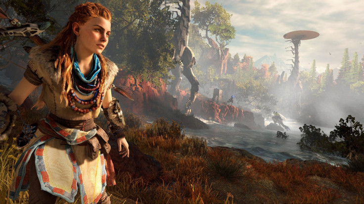 Aloy from Horizon: Zero Dawn is a huntress taking on robotic dinosaur-like creatures.