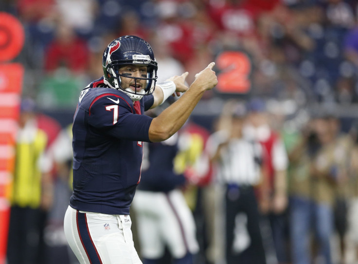 Aug 15, 2015; Houston, TX, USA; Houston Texans quarterback Brian Hoyer (7) directs his team in the first quarter against the San Francisco 49ers in a preseason NFL football game at NRG Stadium.