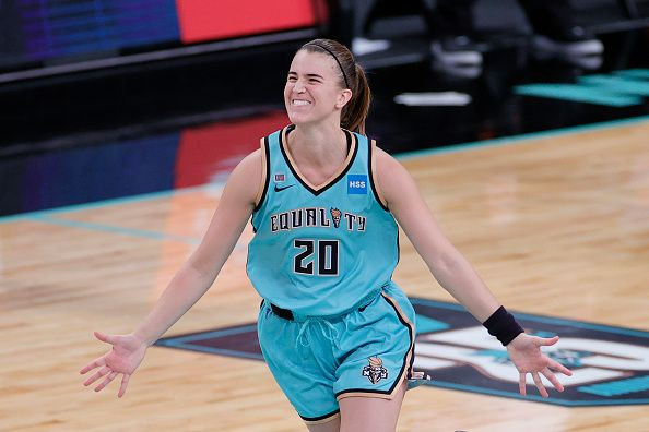 NEW YORK, NEW YORK - MAY 14: Sabrina Ionescu #20 of the New York Liberty reacts after making a three-point basket in the final seconds of the second half against the Indiana Fever at Barclays Center on May 14, 2021 in the Brooklyn borough of New York City