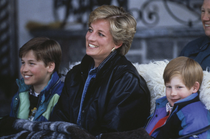 Princess Diana is pictured with her sons Prince William (left) and Prince Harry on a skiing holiday in Lech, Austria, on March 30, 1993. 