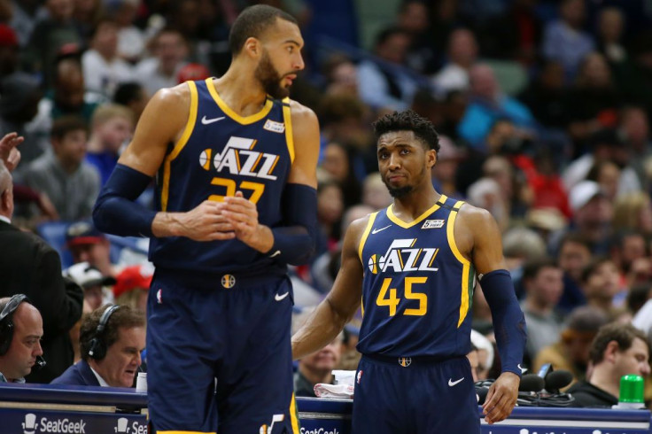 Donovan Mitchell #45 of the Utah Jazz and Rudy Gobert #27 talk against the New Orleans Pelicans during a game at the Smoothie King Center on January 06, 2020 in New Orleans, Louisiana. 