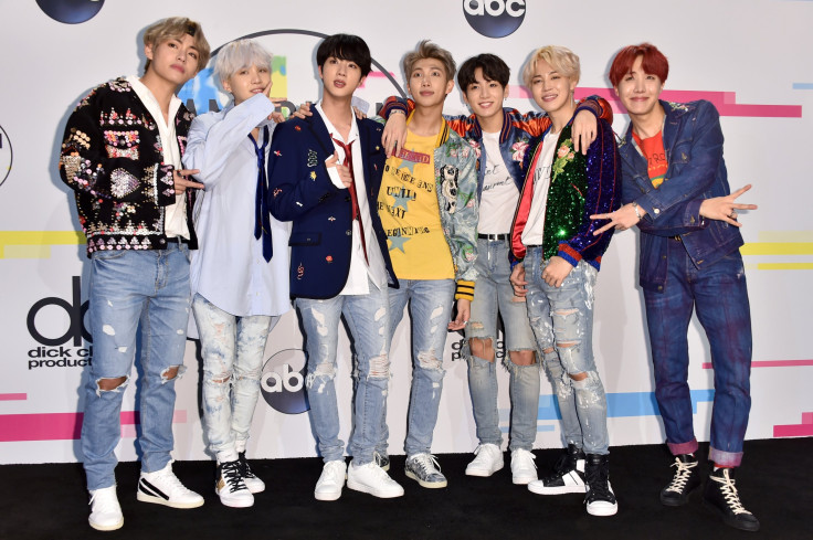LOS ANGELES, CA - NOVEMBER 19: BTS poses in the press room during the 2017 American Music Awards at Microsoft Theater on November 19, 2017 in Los Angeles, California.