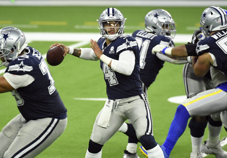 Dak Prescott #4 of the Dallas Cowboys throws a pass during the second half against the Los Angeles Rams at SoFi Stadium on September 13, 2020 in Inglewood, California. 