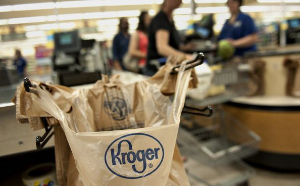 The Kroger Co. logo is seen on a shopping bag at a supermarket in Peoria, Illinois, June 12, 2012.