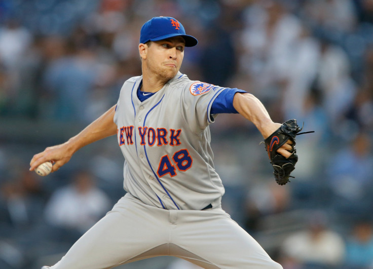 Jacob deGrom #48 of the New York Mets pitches in the first inning against the New York Yankees at Yankee Stadium on August 13, 2018 in the Bronx borough of New York City. 