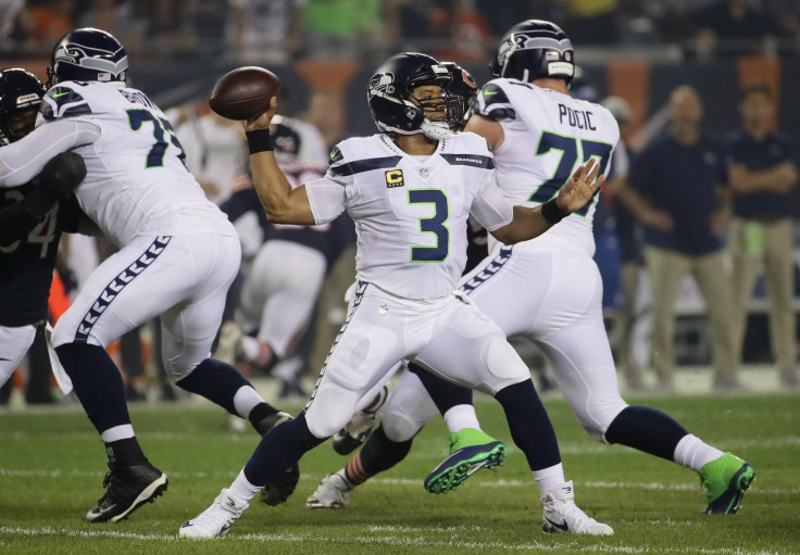 Quarterback Russell Wilson #3 of the Seattle Seahawks looks to pass in the first quarter against the Chicago Bears at Soldier Field on September 17, 2018 in Chicago, Illinois.