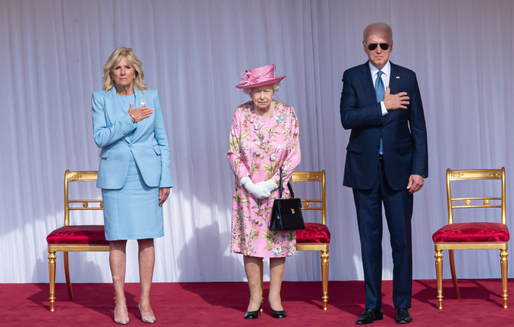 WINDSOR, ENGLAND - JUNE 13: Queen Elizabeth II , US President Joe Biden and US First Lady Dr Jill Biden at Windsor Castle on June 13, 2021 in Windsor, England. Queen Elizabeth II hosts US President, Joe Biden and First Lady Dr Jill Biden at Windsor Castle