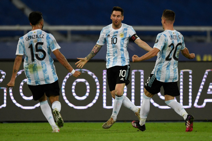 Argentina's Lionel Messi (C) celebrates with teammates Nicolas Gonzalez (L) and Giovani Lo Celso