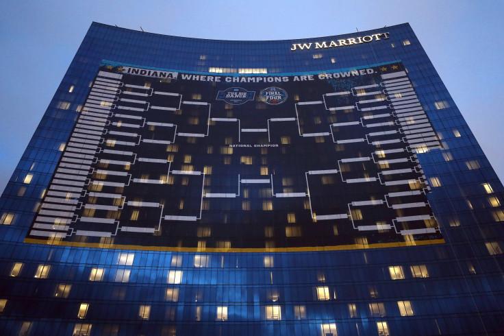 A general view of a giant NCAA Championship bracket adorning the facade of the JW Marriott hotel in downtown Indianapolis on February 27, 2021 in Indianapolis, Indiana. 