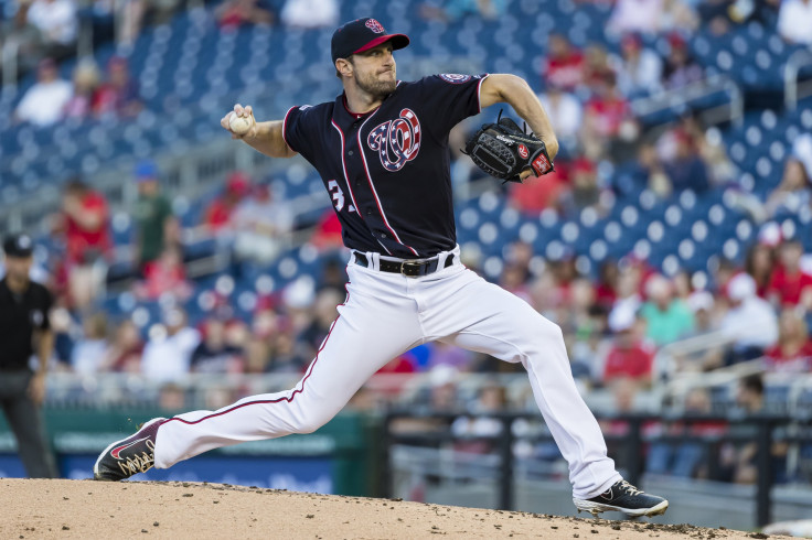 Max Scherzer #31 of the Washington Nationals pitches against the Arizona Diamondbacks during the third inning at Nationals Park on June 14, 2019 in Washington, DC.