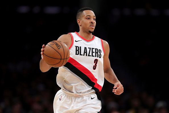 CJ McCollum #3 of the Portland Trail Blazers dribbles upcourt during the second half of a game against the Los Angeles Lakers at Staples Center in Los Angeles, California, Dec. 23, 2017.