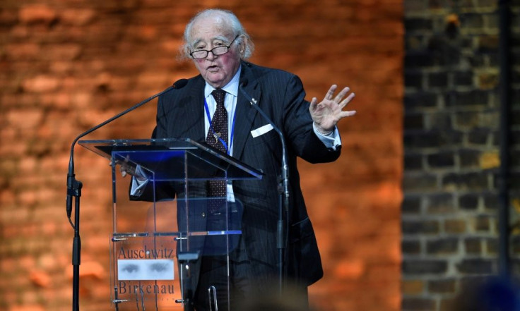 Polish born Holocaust survivor Roman Kent delivering a speech in front of the former Nazi concentration camp Auschwitz-Birkenau in 2015
