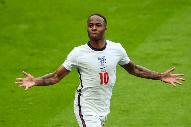 JUNE 29: Raheem Sterling of England celebrates after scoring a goal to make it 1-0 during the UEFA Euro 2020 Championship Round of 16 match between England and Germany at Wembley Stadium on June 29, 2021 in London, United Kingdom.