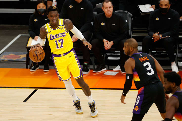 MAY 25: Dennis Schroder #17 of the Los Angeles Lakers handles the ball during the first half of Game Two of the Western Conference first-round playoff series at Phoenix Suns Arena on May 25, 2021 in Phoenix, Arizona. 