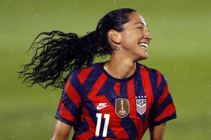JULY 01: Christen Press #11 of United States celebrates after scoring a goal against Mexico at Rentschler Field on July 01, 2021 in East Hartford, Connecticut.