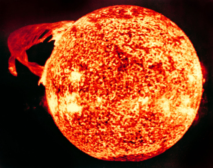 This photograph of the sun, taken Dec. 19, 1973, during the third and final manned Skylab mission (Skylab 4), shows one of the most spectacular solar flares ever recorded, spanning more than 588,000 kilometers (365,000 miles) across the solar surface.