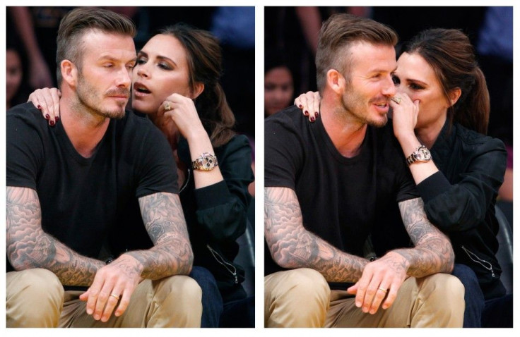 A combination picture shows soccer star David Beckham sitting courtside with his wife Victoria during Game 2 of the Los Angeles Lakers against Denver Nuggets NBA Western Conference quarter-final basketball playoff game in Los Angeles, California May 1, 20