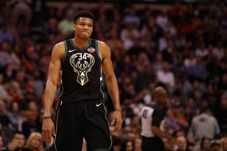 Giannis Antetokounmpo #34 of the Milwaukee Bucks during the first half of the NBA game against the Phoenix Suns at Talking Stick Resort Arena on March 04, 2019 in Phoenix, Arizona.