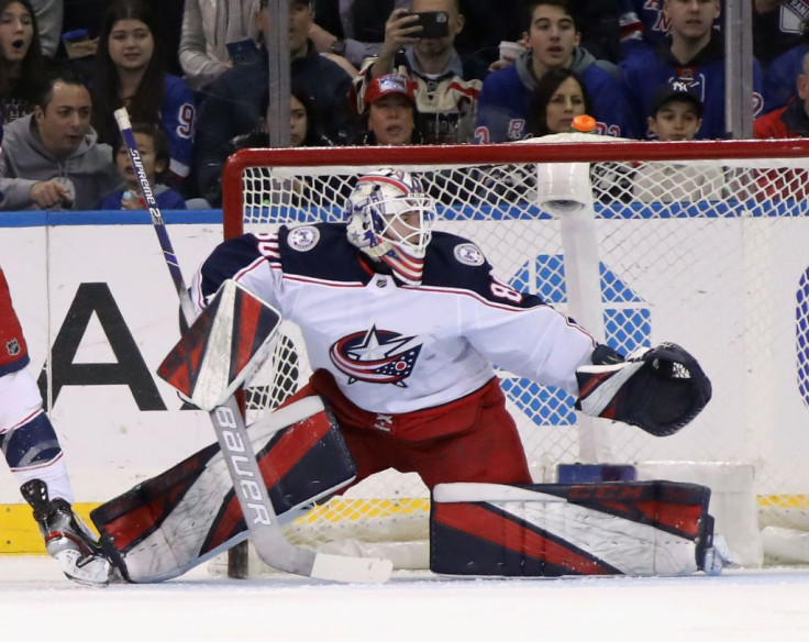 NEW YORK, NEW YORK - JANUARY 19: Matiss Kivlenieks #80 of the Columbus Blue Jackets tends net in his first NHL game against the New York Rangers at Madison Square Garden on January 19, 2020 in New York City.