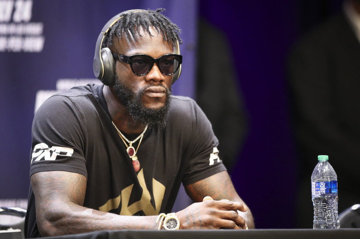 JUNE 15: Deontay Wilder declines to speak during the press conference with Tyson Fury at The Novo by Microsoft at L.A. Live on June 15, 2021 in Los Angeles, California.