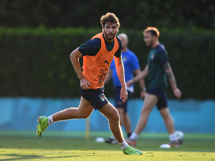 JULY 08: Manuel Locatelli of Italy in action during a Italy training session at Centro Tecnico Federale di Coverciano on July 08, 2021 in Florence, Italy.