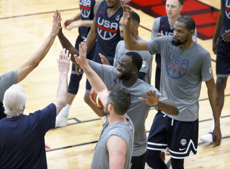 (L-R) Head coach Gregg Popovich, Kevin Love #11, Draymond Green #14, Damian Lillard #6 and Kevin Durant #7 of the 2021 USA Basketball Men's National Team practice at the Mendenhall Center at UNLV as the team gets ready for the Tokyo Olympics on July 7, 20