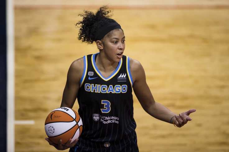Candace Parker #3 of the Chicago Sky reacts during the second half of the game against the Washington Mystics at Entertainment & Sports Arena on May 15, 2021 in Washington, DC.