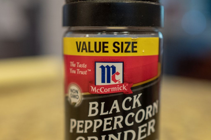 Close-up of logo for spice and food products company McCormick on a black peppercorn grinder, August 23, 2019.