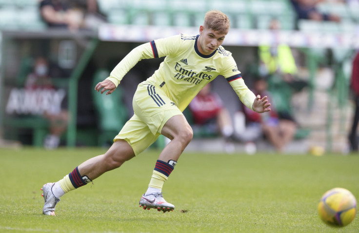 JULY 13: Emile Smith Rowe of Arsenal during the pre season friendly between Hibernian and Arsenal at Easter Road on July 13, 2021 in Edinburgh, Scotland