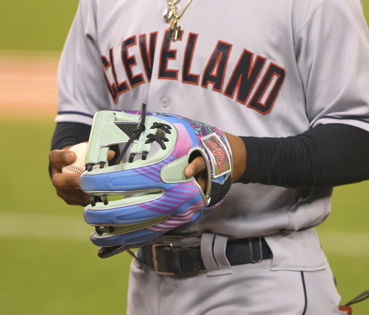 A detailed view of the custom Rawlings baseball glove worn by Francisco Lindor #12 of the Cleveland Indians during the game against the Detroit Tigers at Comerica Park on September 19, 2020 in Detroit, Michigan.