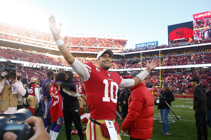 San Francisco 49ers quarterback Jimmy Garoppolo celebrates after a win at Levi's Stadium on Jan. 11, 2020 in Santa Clara, California.