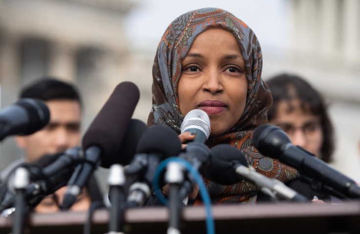 Democratic Rep. Ilhan Omar of Minnesota speaks during a press conference calling on Congress to cut funding for US Immigration and Customs Enforcement (ICE) and to defund border detention facilities, outside the US Capitol in Washington, DC, February 7, 2