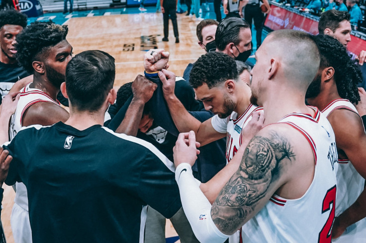 The Chicago Bulls  in one of their huddles in a win over the Charlotte Hornets.