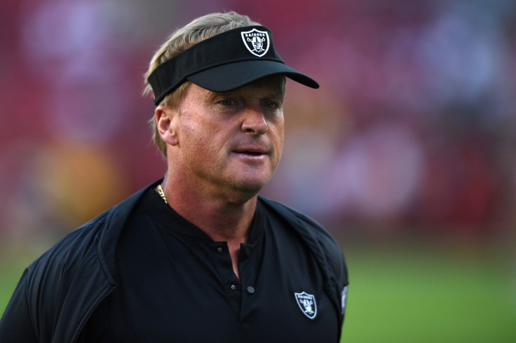 Head coach Jon Gruden of the Oakland Raiders looks on during warm-ups prior to their game against the San Francisco 49ers at Levi's Stadium on November 1, 2018 in Santa Clara, California.