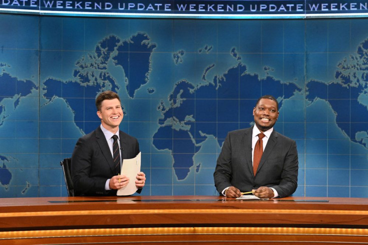 Pictured [L-R]: Anchors Colin Jost and Michael Che during "Weekend Update" on "Saturday Night Live."