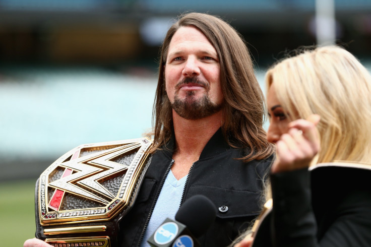 WWE's world champion AJ Styles and SmackDown women's champion Carmella speak at the Melbourne Cricket Ground in Melbourne, Australia, June 24, 2018.