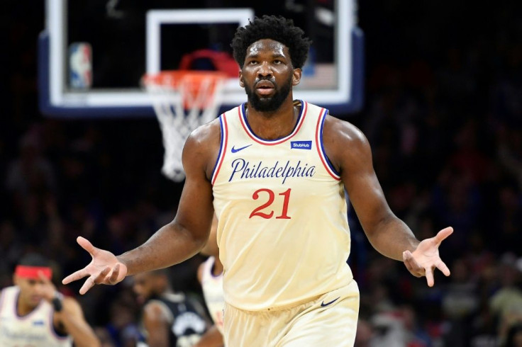 Philadelphia's Joel Embiid reacts after scoring in a 76ers' victory over the Milwaukee Bucks