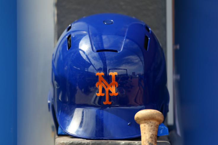 A New York Mets batting helmet in the dugout before a spring training baseball game against the Houston Astros at Clover Park on March 8, 2020 in Port St. Lucie, Florida. 