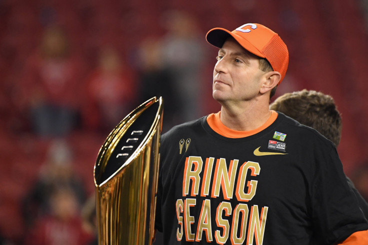 Dabo Swinney is the third active coach to win multiple national championships. In this picture, Swinney of the Clemson Tigers celebrates his teams 44-16 win over the Alabama Crimson Tide with the trophy in the CFP National Championship presented by AT&T a