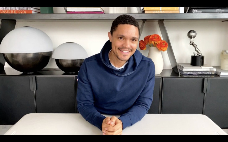 Trevor Noah is pictured hosting "The Daily Show" from his New York apartment.