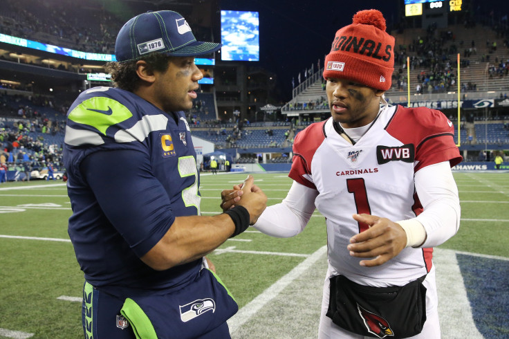 Russell Wilson #3 of the Seattle Seahawks and Kyler Murray #1 of the Arizona Cardinals shake hands after the Arizona Cardinals defeated the Seattle Seahawks 27-13 during their game at CenturyLink Field on December 22, 2019 in Seattle, Washington.