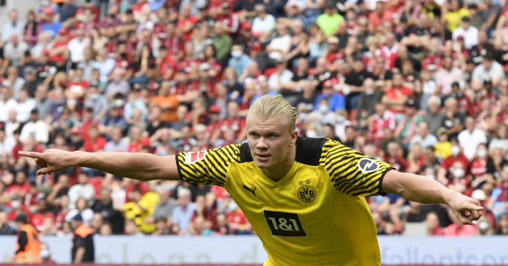 Dortmund's Norwegian forward Erling Braut Haaland celebrates the 0-1 goal during the German first division Bundesliga football match between Bayer 04 Leverkusen and Borussia Dortmund in Leverkusen, western Germany, on September 11, 2021.