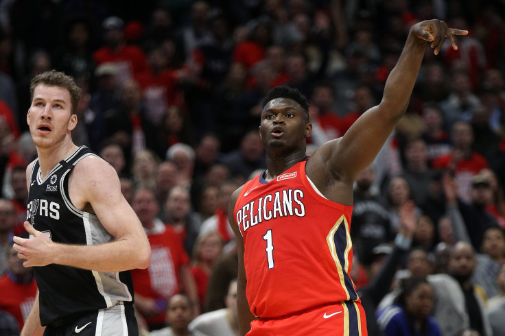 Zion Williamson #1 of the New Orleans Pelicans reacts after making a three-point shot against the San Antonio Spurs at Smoothie King Center on January 22, 2020 in New Orleans, Louisiana.