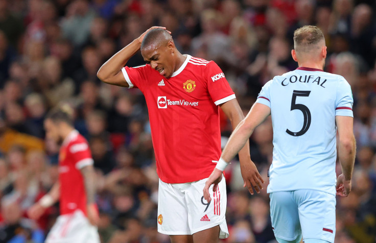 Anthony Martial of Manchester United looks dejected during the Carabao Cup Third Round match between Manchester United and West Ham United at Old Trafford on September 22, 2021 in Manchester, England.