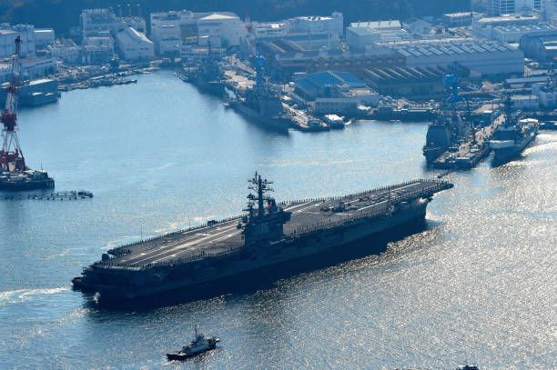 In this aerial image, the USS Ronald Reagan at the U.S. naval base in Yokosuka, Kanagawa, Japan, Dec. 4, 2017.