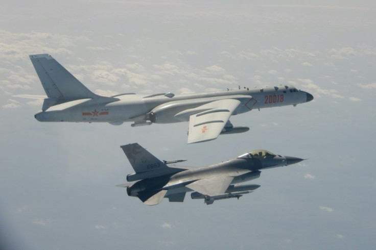 File image of a Taiwanese F-16 fighter jets flying next to a Chinese H-6 bomber.